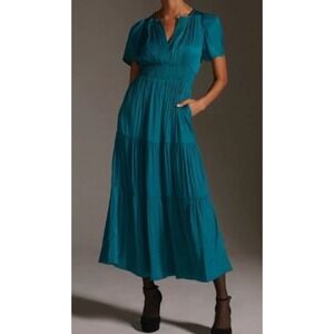 Anthropologie Satin Turquoise The Somerset Maxi Tiered V Neck Dress Size Small